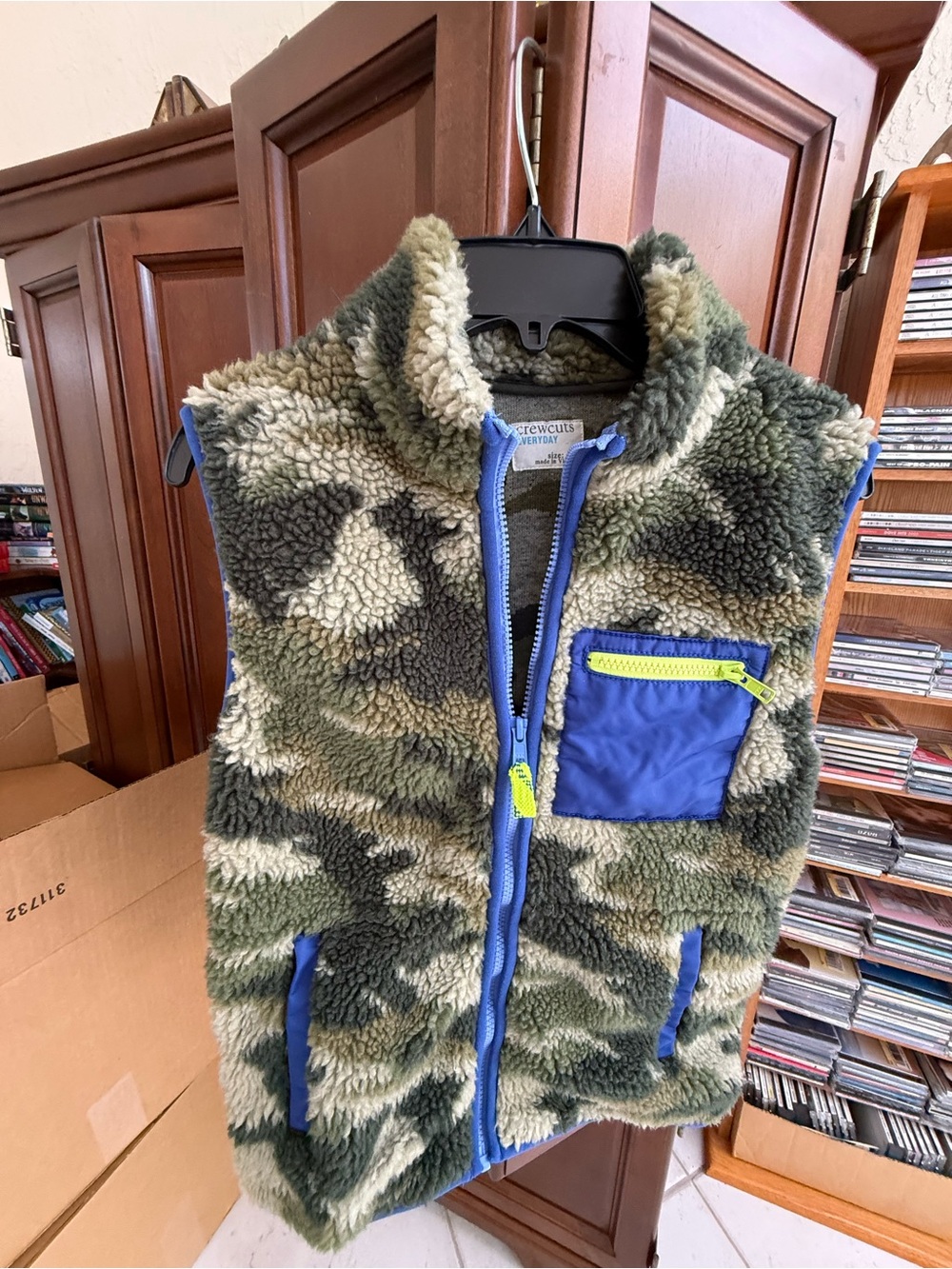 Crewcuts Green Camo Sherpa Vest with Blue Trim